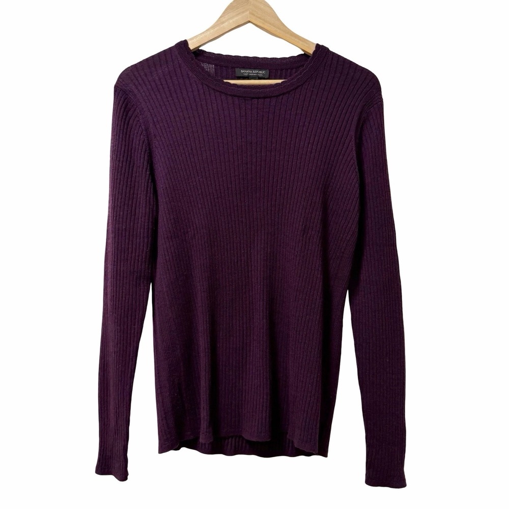 Banana Republic Merino Wool Ribbed Crew Neck Pullover Sweater Womens XL Purple